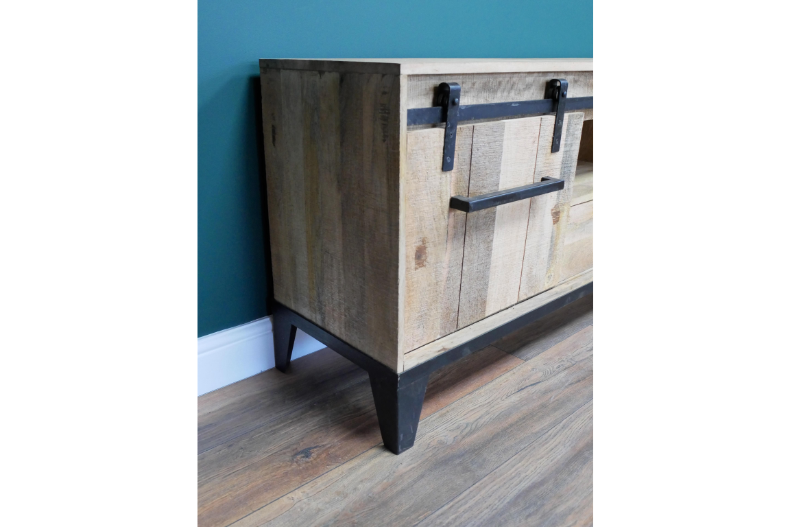 Industrial mango wood TV cabinet side view