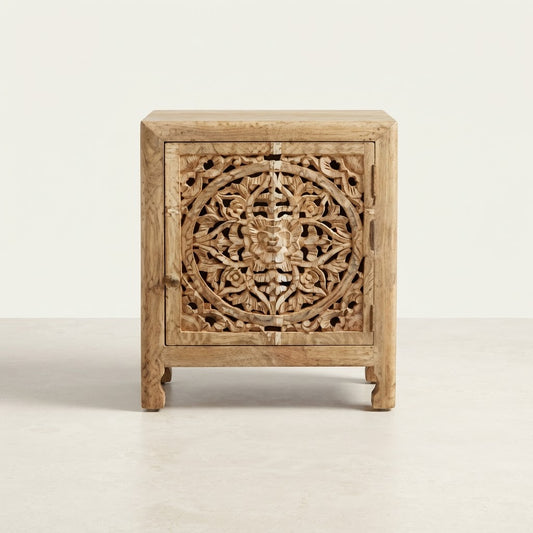 Circular Carved Natural Bedside Cabinet