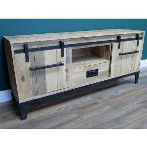 Industrial mango wood TV cabinet with sliding doors