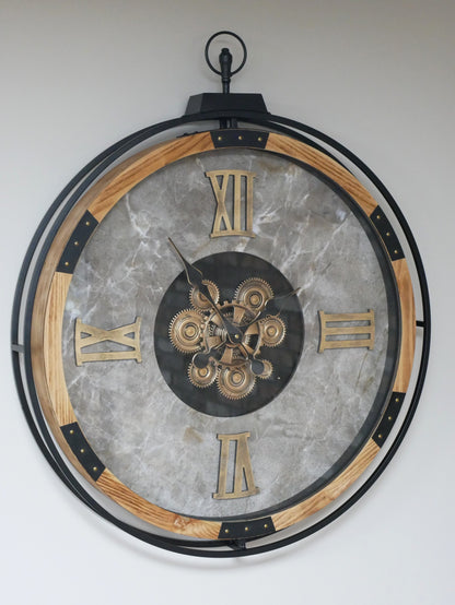 Marble & Oak Moving Gear Wall Clock – 87cm — view 1