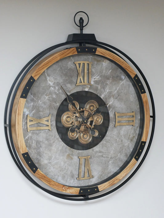 Marble & Oak Moving Gear Wall Clock – 87cm — view 1