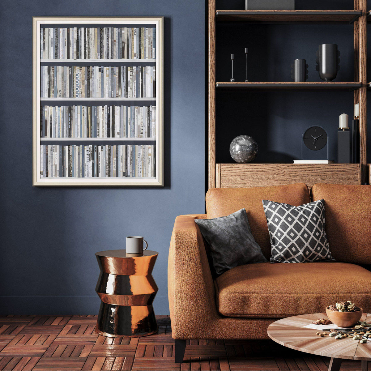 Monochrome Bookcase Framed Art – 102cm – room setting
