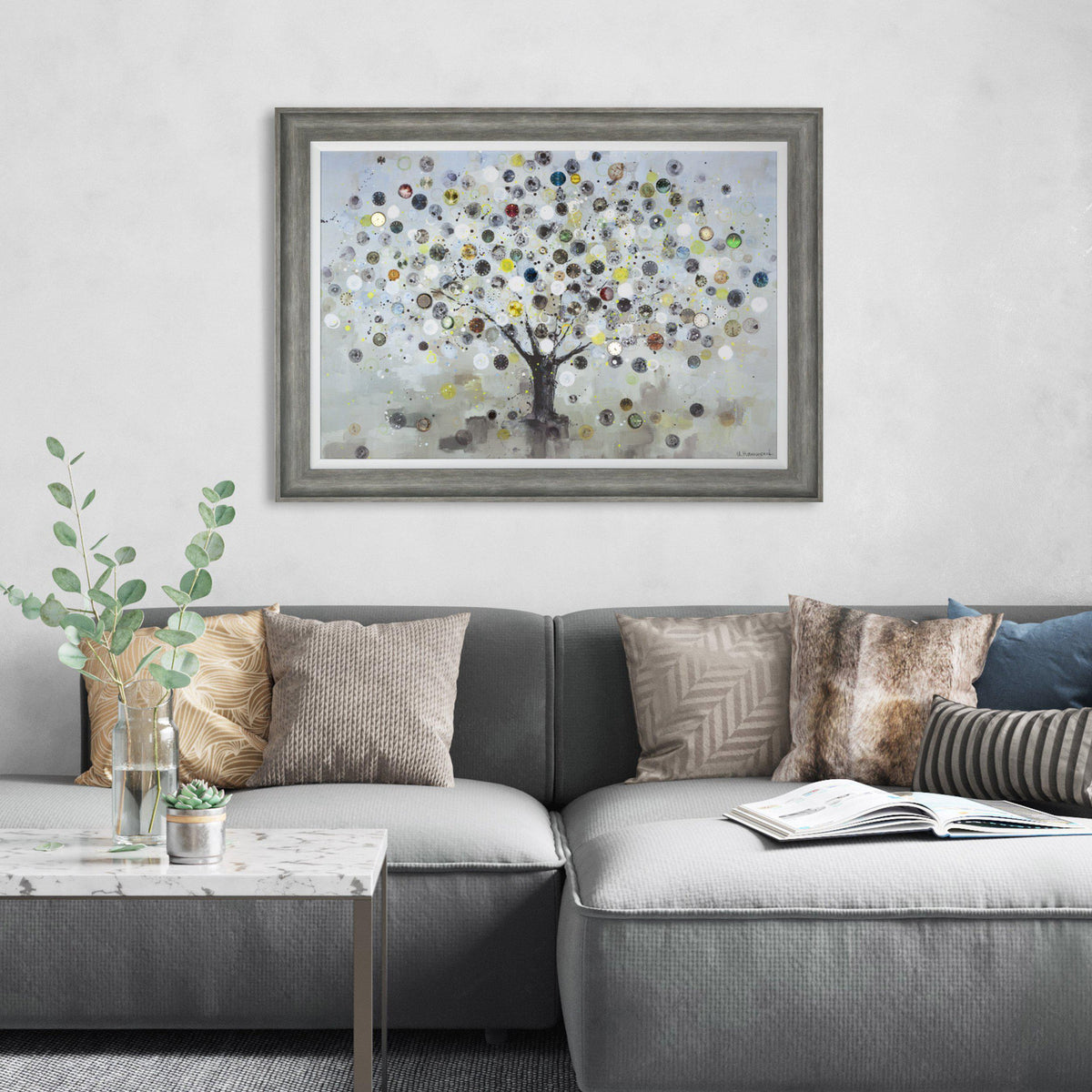 Silvered Celebration Tree Framed Canvas – 115cm – room setting