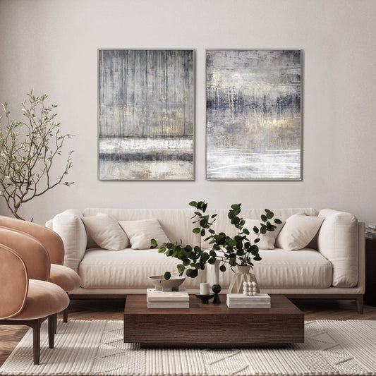 Misty Horizon Framed Canvas Pair – styled setting