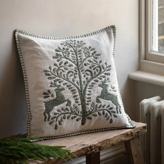 Woodland Tree Scene Embroidered Cushion – room setting