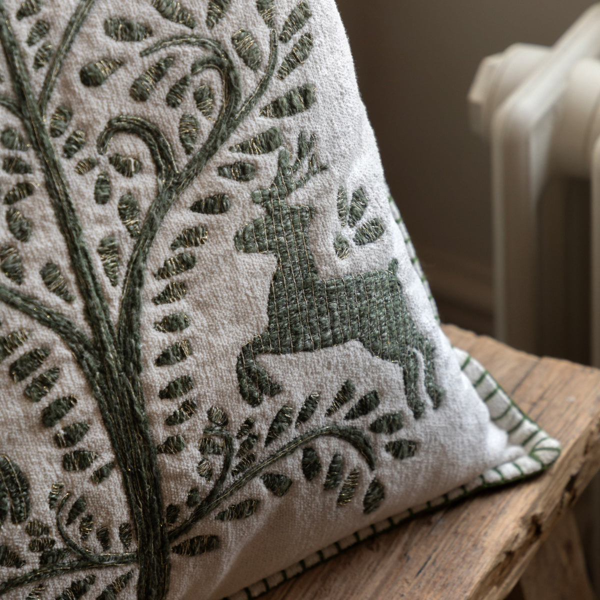 Woodland Tree Scene Embroidered Cushion – detail view