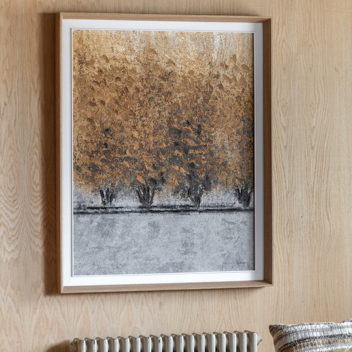 Golden Ember Abstract Framed Canvas – 112cm – room setting