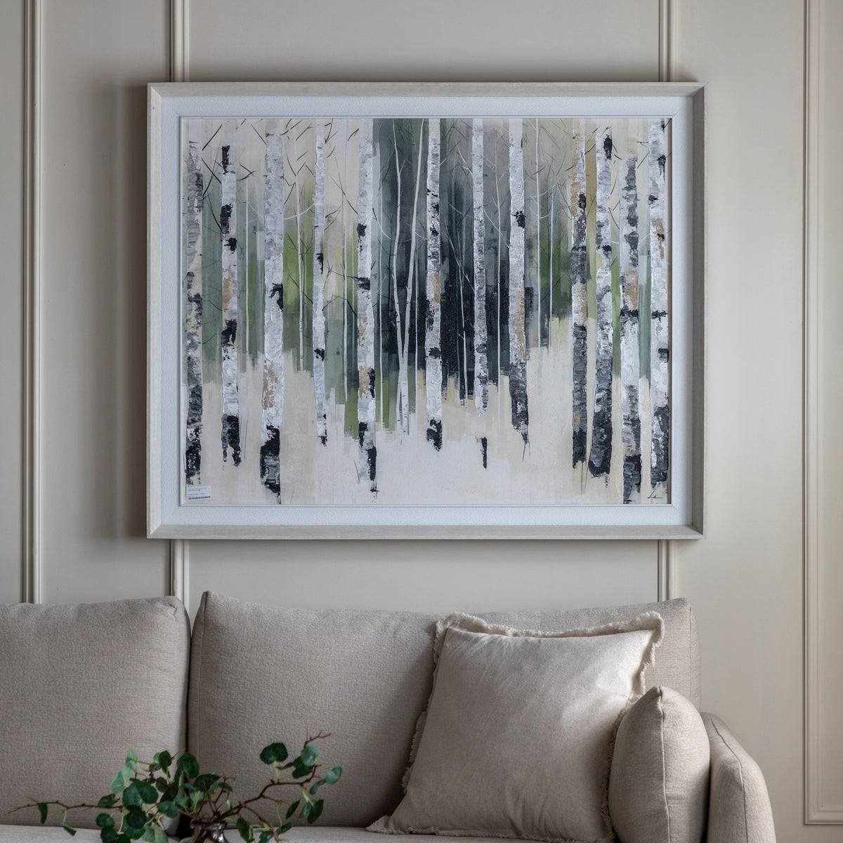 Quiet Birch Abstract Framed Canvas – 107cm – room setting