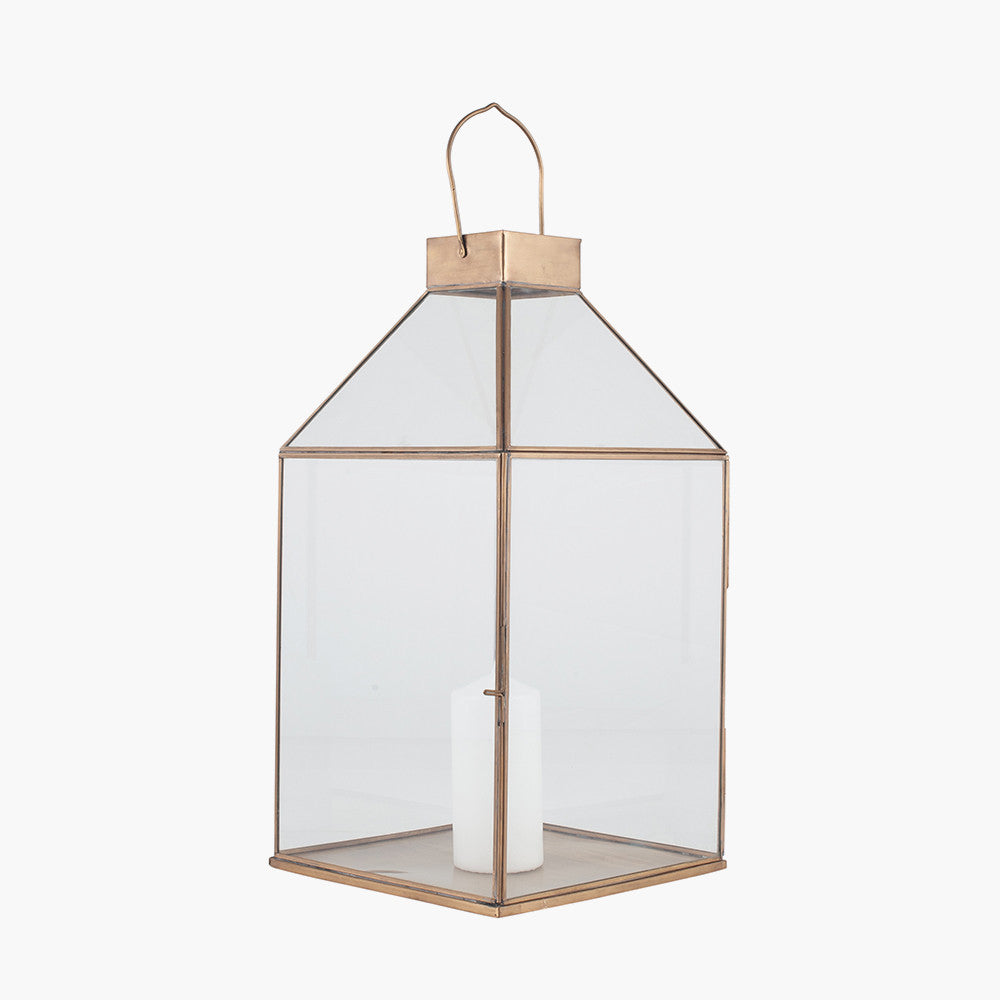 Shiny Brass Metal & Glass Square Lantern — view 3