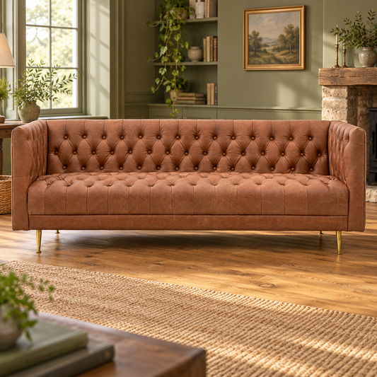 AI-styled Hambleton Antique Brown Buttoned Leather Sofa visualisation — room setting 1