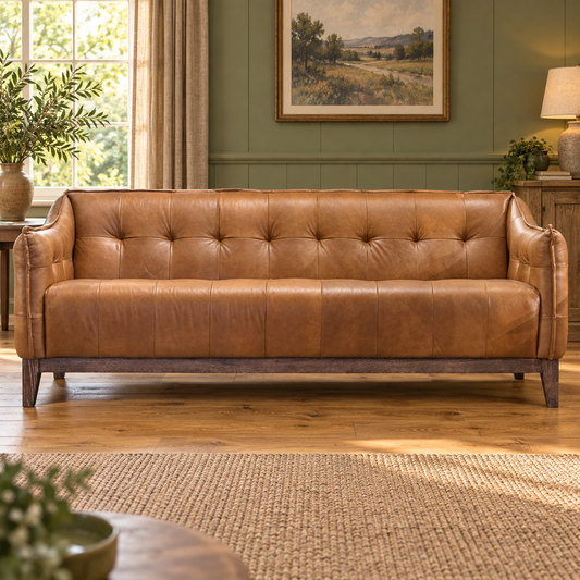 AI-styled Wolds Brown Leather & Ash Sofa visualisation — room setting 1