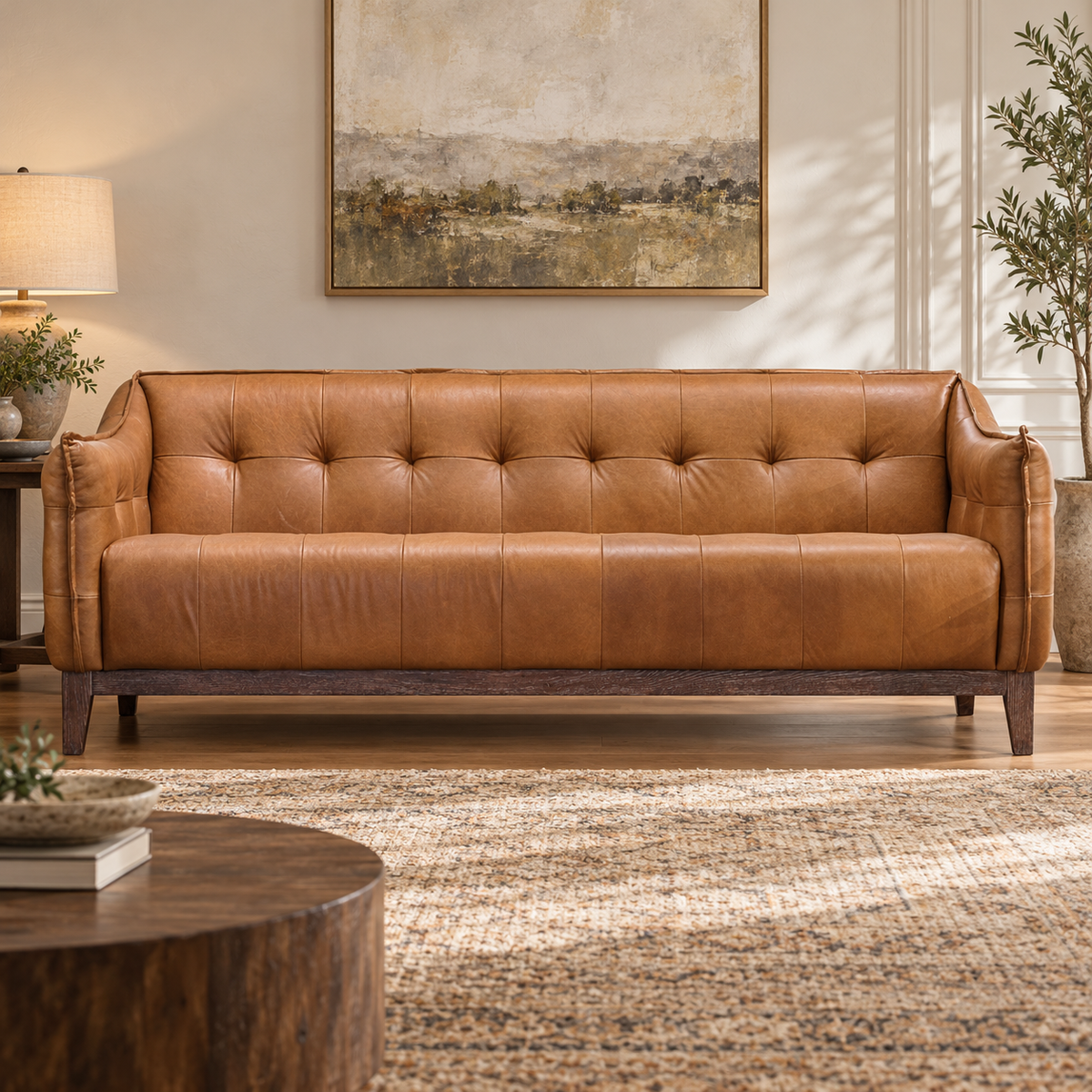 AI-styled Wolds Brown Leather & Ash Sofa visualisation — room setting 2