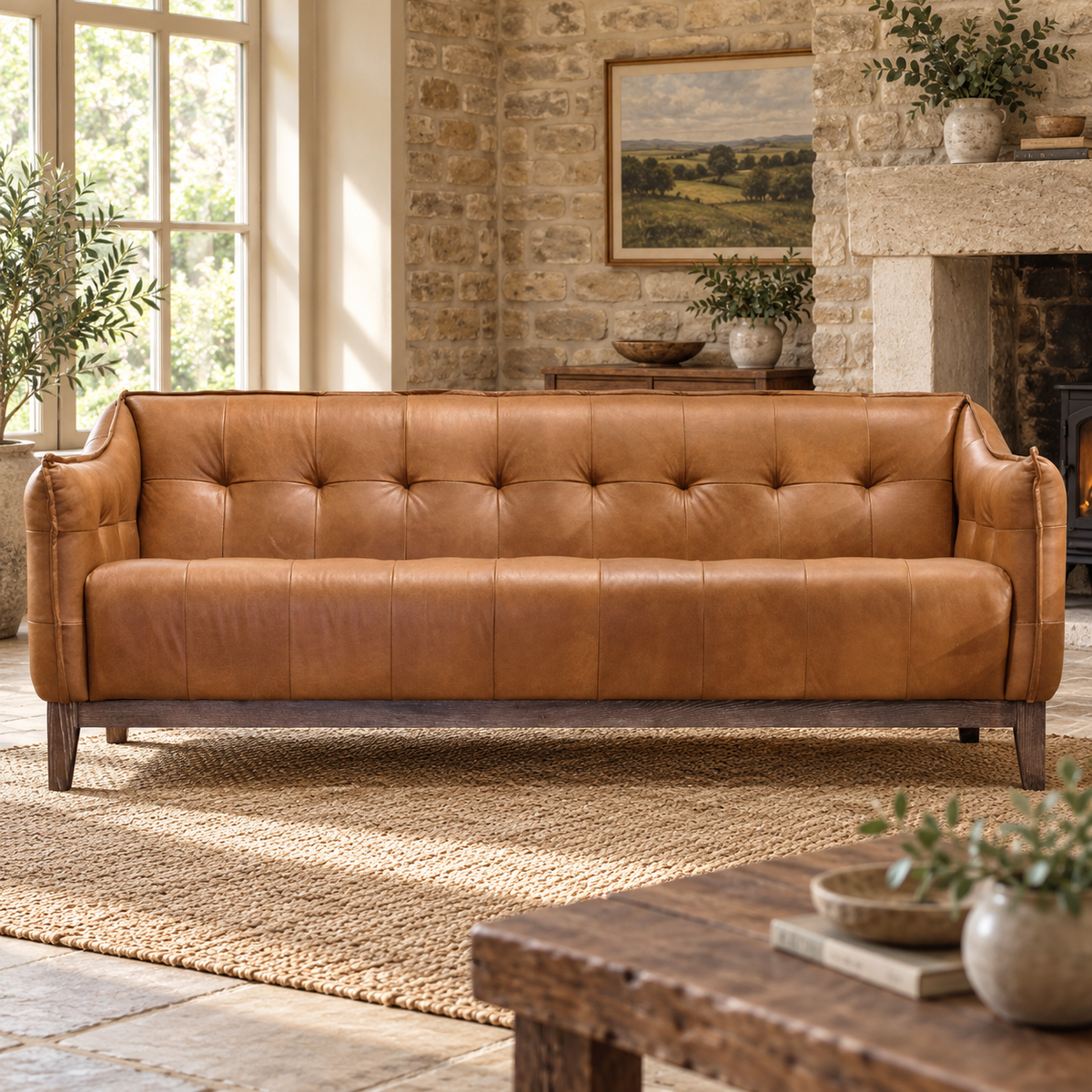 AI-styled Wolds Brown Leather & Ash Sofa visualisation — room setting 3