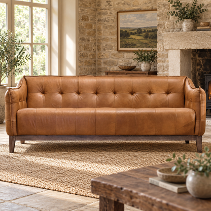 AI-styled Wolds Brown Leather & Ash Sofa visualisation — room setting 3