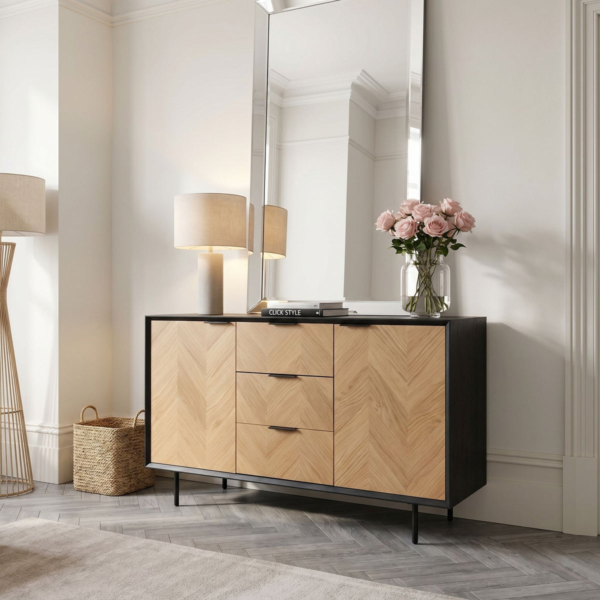 Hailee black and natural chevron sideboard styled in a contemporary interior