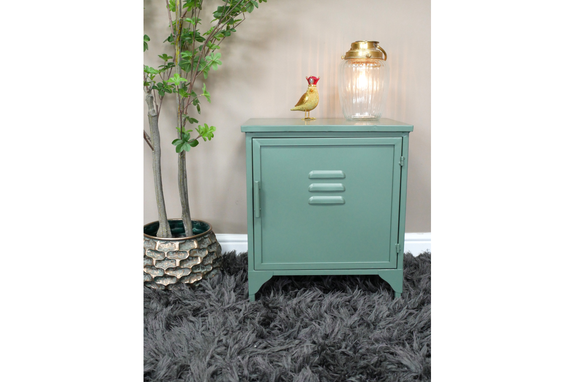 Industrial bedside cabinet sage green alternate view
