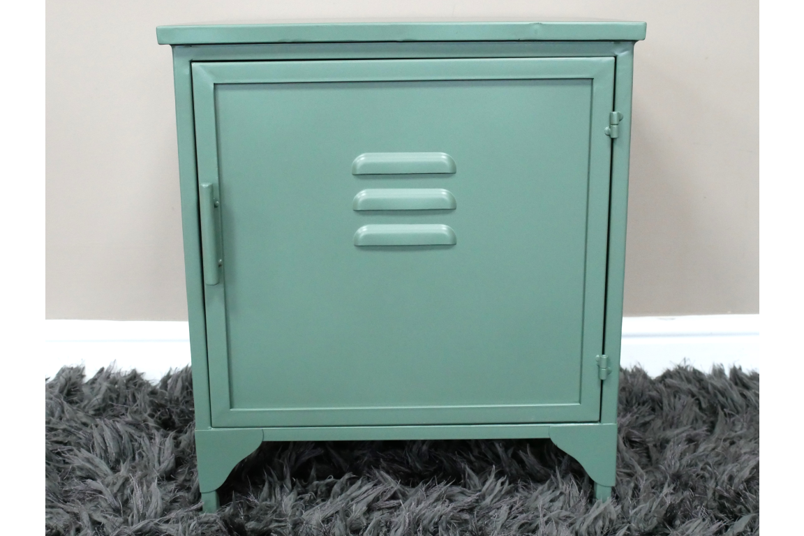 Industrial bedside cabinet sage green detail view