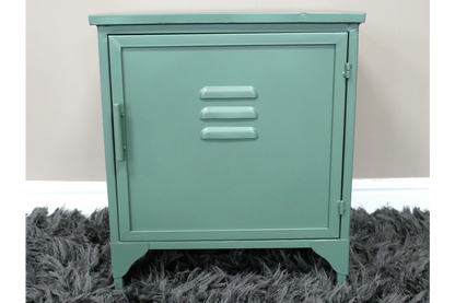 Industrial bedside cabinet sage green detail view