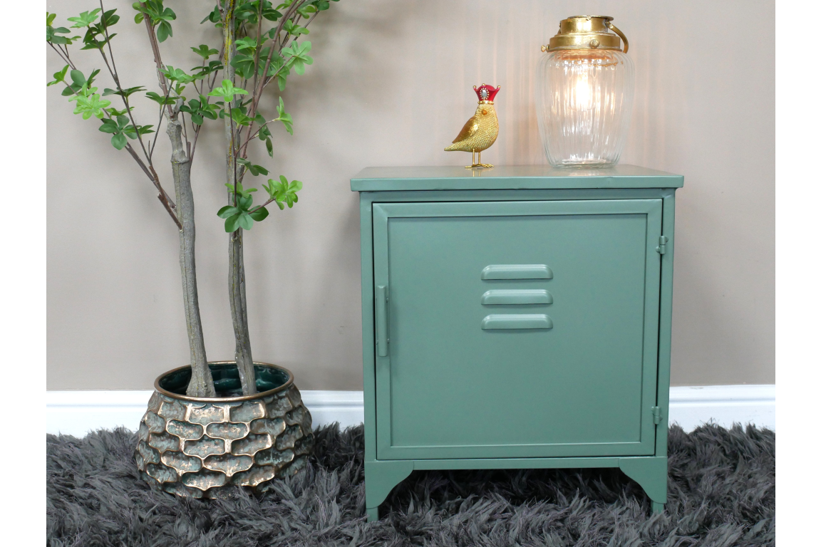 Industrial bedside cabinet sage green front view
