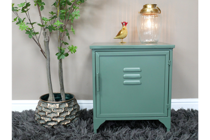 Industrial bedside cabinet sage green front view