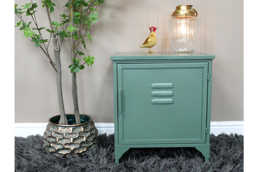 Industrial bedside cabinet sage green front view