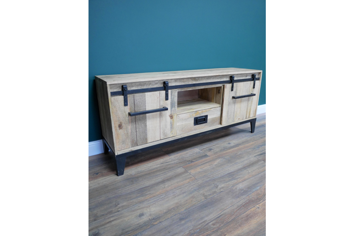 Industrial mango wood TV cabinet detail view
