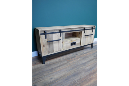 Industrial mango wood TV cabinet detail view