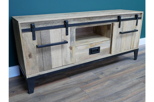 Industrial mango wood TV cabinet front view