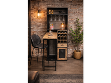 Large dark wood bar cabinet with bottle storage