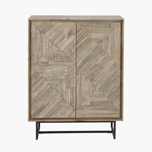 Marca Sand Wash Acacia Wood & Black Metal 2 Door Bar Cabinet