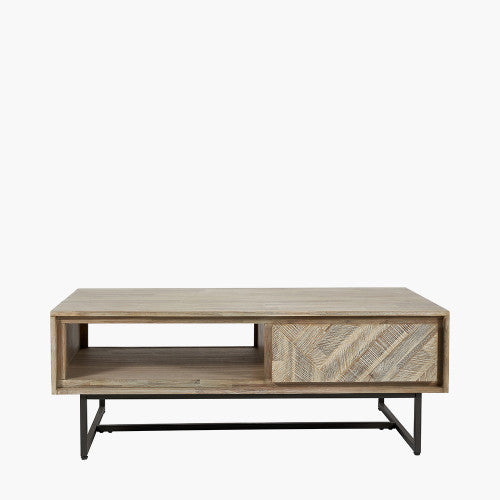 Marca Sand Wash Acacia Wood & Black Metal 2 Drawer Coffee Table