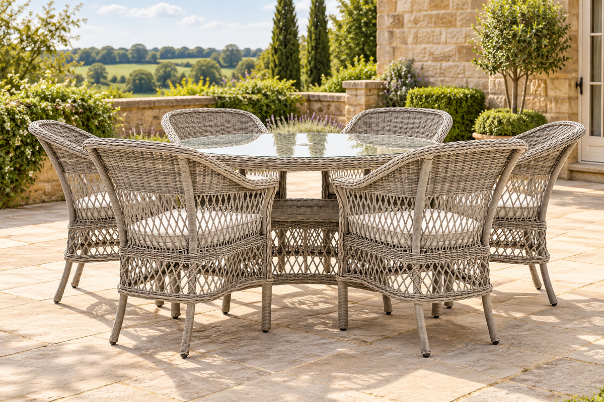 AI-styled visualisation of the Menton six-seater dining set on a Yorkshire terrace