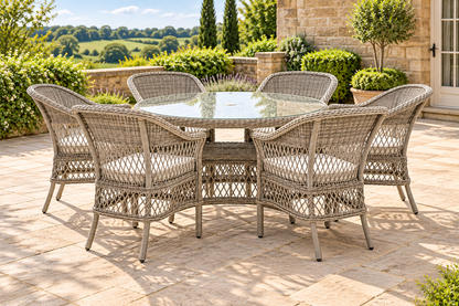 AI-styled visualisation of the full Menton six-chair dining set; fine details may vary