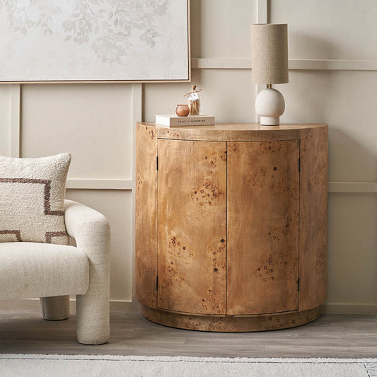 Newborough burr wood effect two door cabinet styled in a contemporary living room