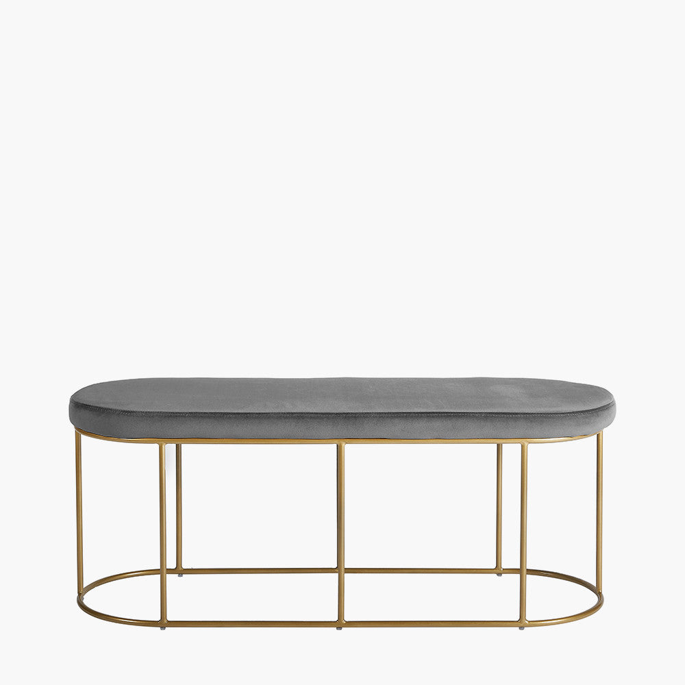 Nino dove grey velvet and gold metal bench front view