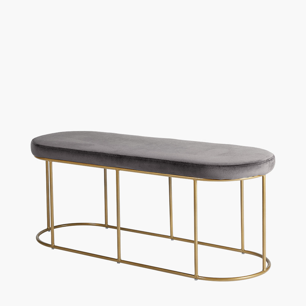 Nino dove grey velvet and gold metal bench angled view