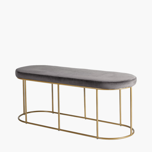 Nino dove grey velvet and gold metal bench angled view
