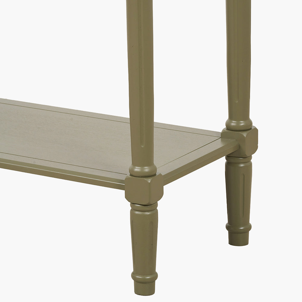 Heritage olive pine wood console table side view