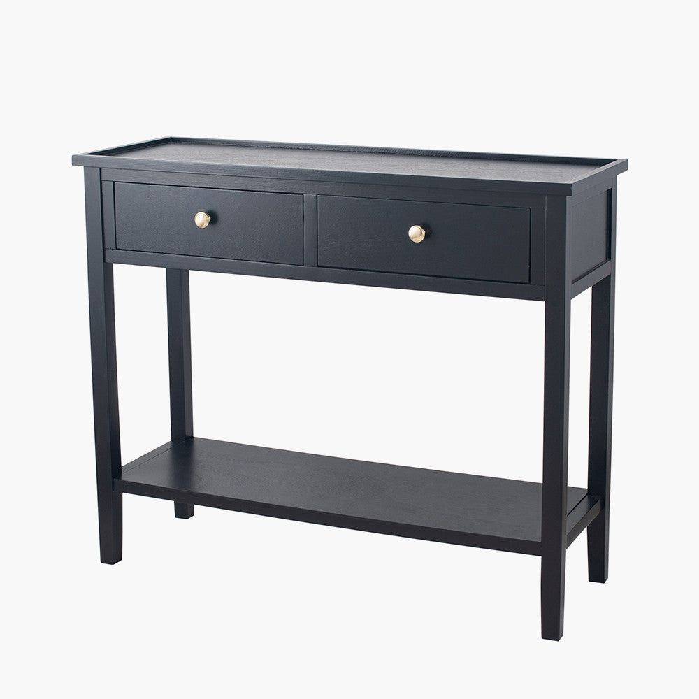 Chelmsford satin black two drawer console table front view