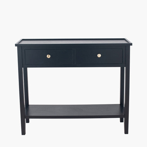 Chelmsford satin black pine wood two drawer console table