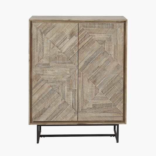 Marca Sand Wash Acacia Wood & Black Metal 2 Door Bar Cabinet