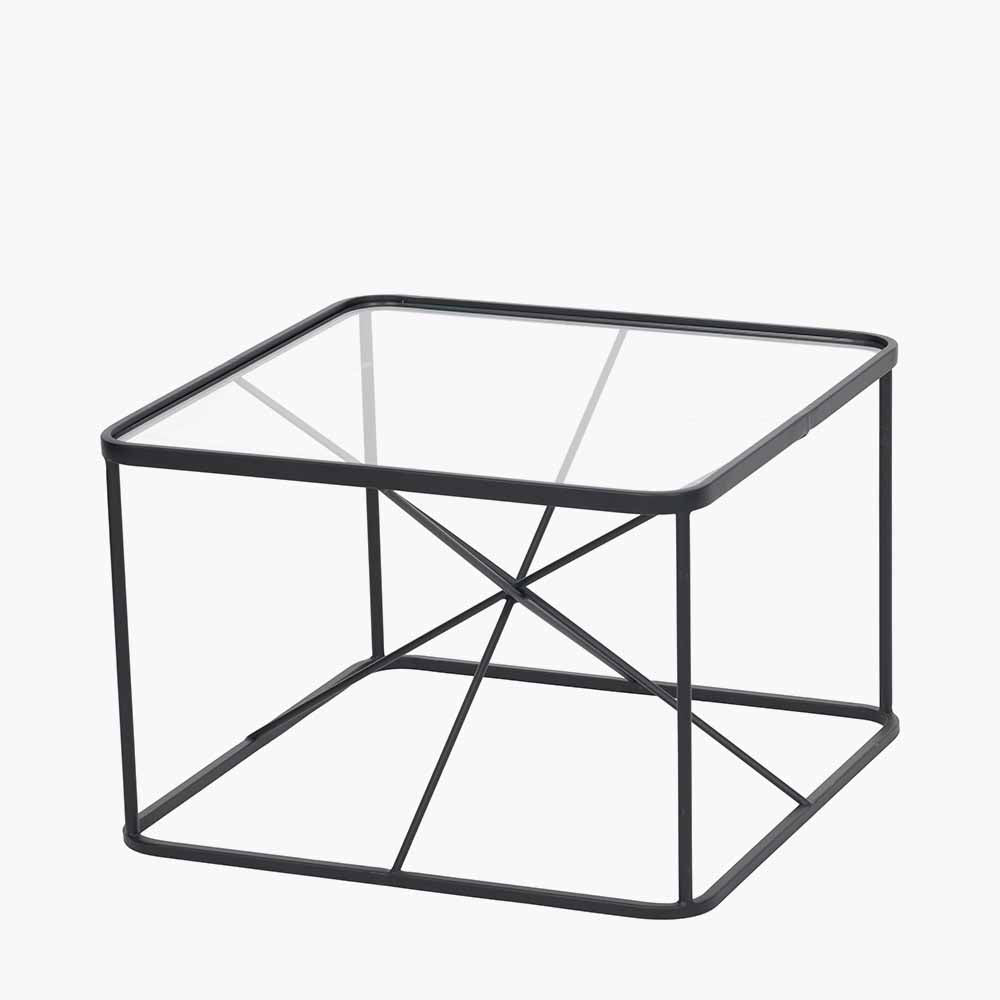 Roxy glass and black metal coffee table front view