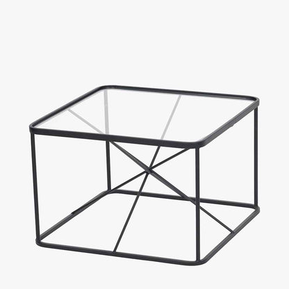 Roxy glass and black metal coffee table front view