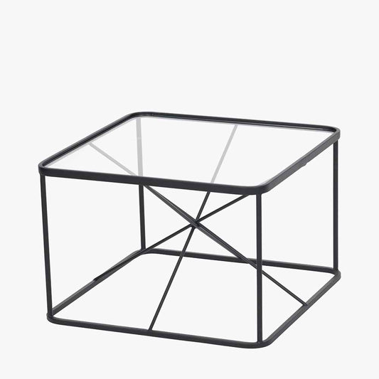 Roxy glass and black metal coffee table front view