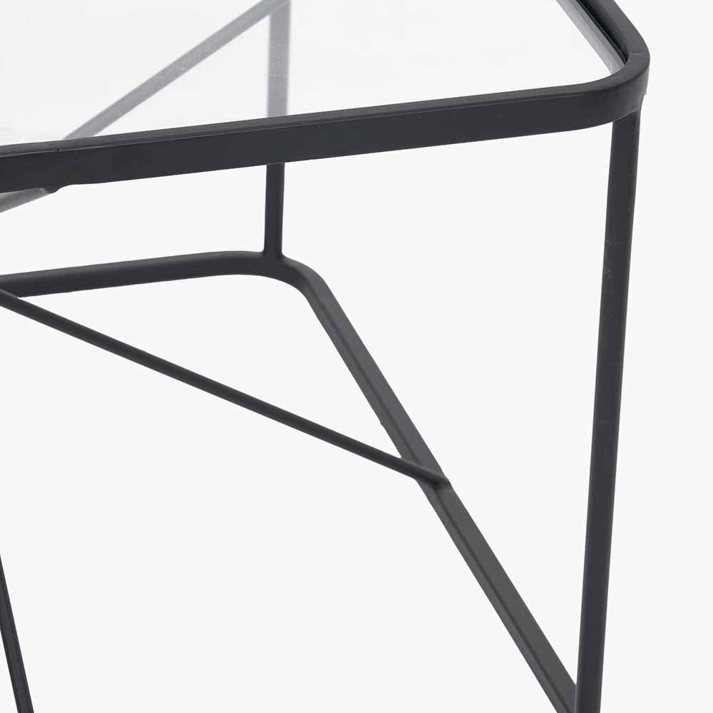 Roxy glass and black metal coffee table side view
