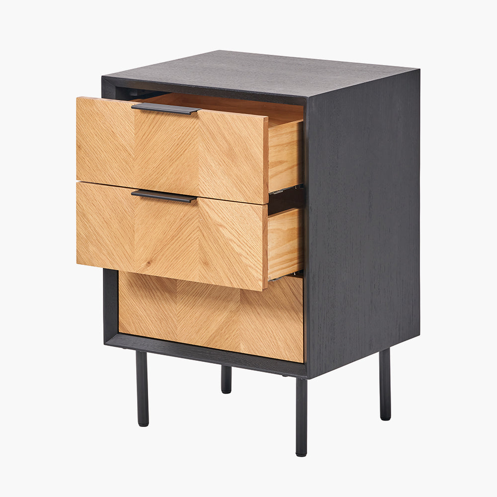 Hailee black and natural chevron three drawer unit side view