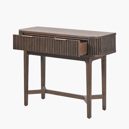 Raie dark brown ribbed two drawer console table side view
