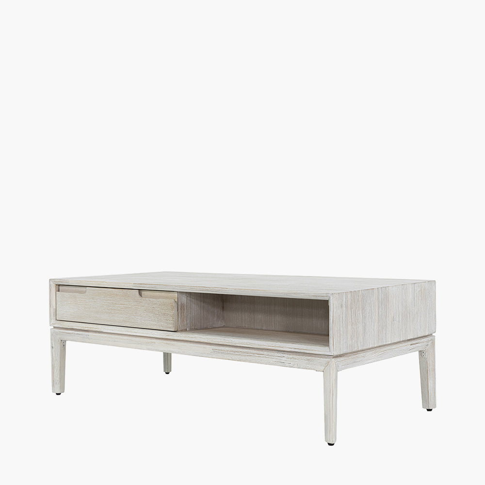 Gio white sand acacia wood two drawer coffee table front view