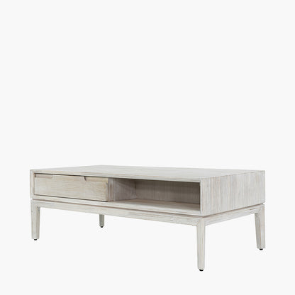 Gio white sand acacia wood two drawer coffee table front view