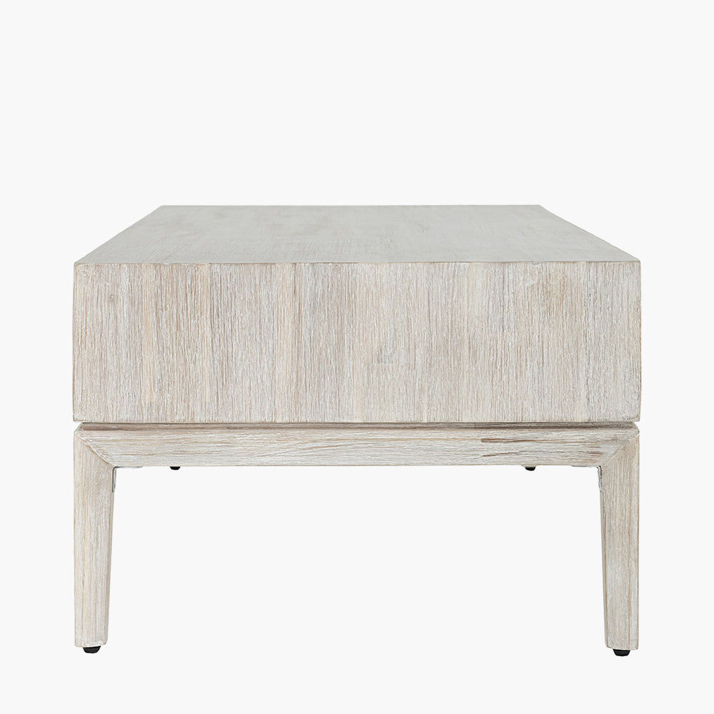 Gio white sand acacia wood two drawer coffee table side view